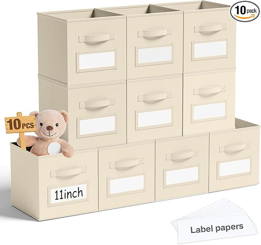 Teenyyou 10 Pack Fabric Storage Cubes 11 Inch Collapsible Cube Bins with Label Window & Handle Foldable Organizers Baskets for Shelf Closet Nursery Kids Room Clothes Book Toy(Beige) by Teenyyou