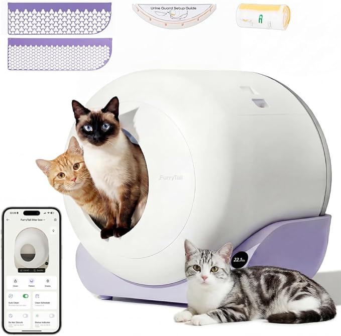 Furrytail Automatic Litter Box Self Cleaning, Kitty Litter Box, Smart Safety Sensors, Advanced Odor & Leak Control, Large Capacity for Multi Cat Homes, with App Control & 40 Trash Bags, Lilac by Furrytail