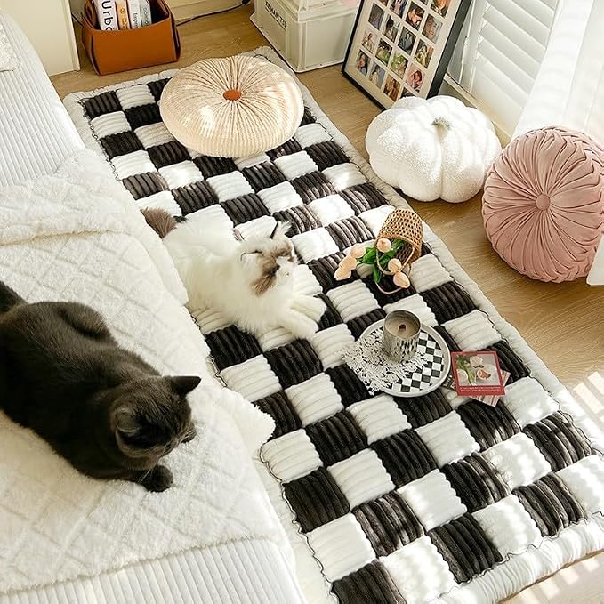 Yoovat Funny Pet Couch Covers for Sofa Plush Checker Plaid Sofa Covers for Pets Washable 3 Cushion Couch Sofa Mat Friendly (Cream Black, 60x160 cm/23.6x63 in) - Image 4