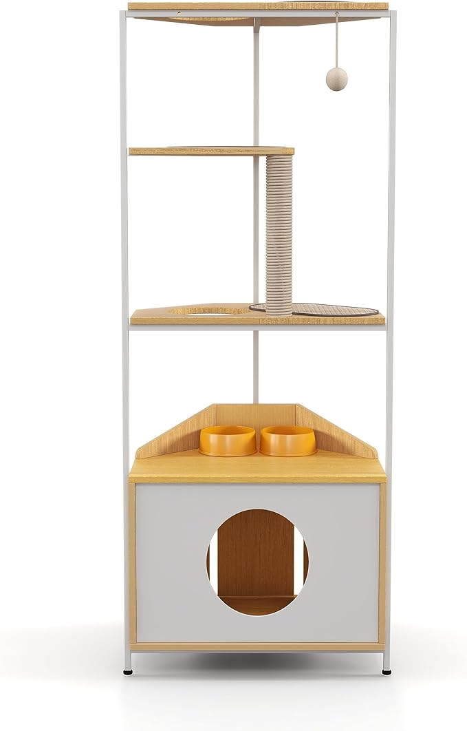 Corner Cat Tower, Cat Tree with Scratching Post, Cat Condo with Feeding Station and Climbing Platforms, Pet Furniture for Indoor Cats by FocusOnHome