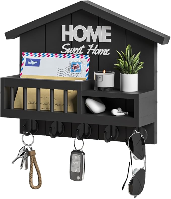 Key and Mail Holder for Wall, Wall Key Holder with Shelf, Home Key Holder for Wall, Wood Black Key Holder Wall Mount, Mail Organizer Wall Mounted, Entryway & Front Door Key Holder with 5 Hooks by FERAHI