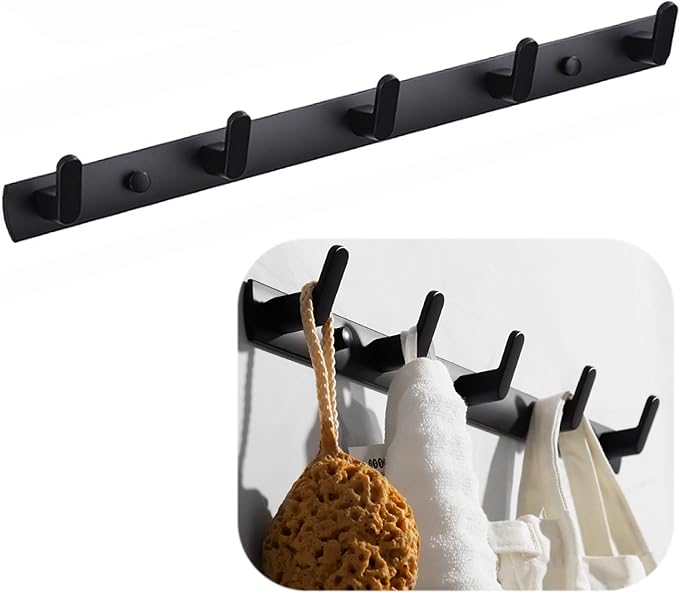 Wall Mounted Coat Rack, 5 Hooks, 17.7"x1.3", Modern, Black | Space Aluminum, Rustproof, for Hallway, Entryway, Hanging Holder for Clothes, Towel, Backpack, 40 lbs Capacity, Easy Install by Spotact