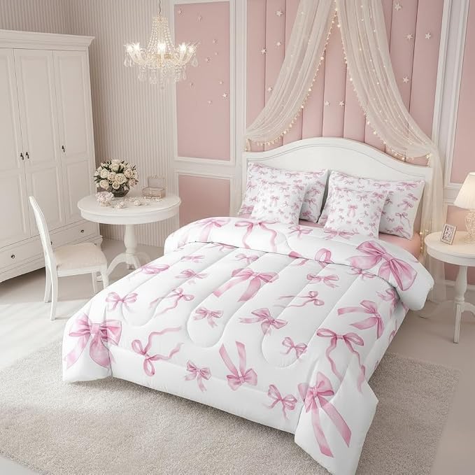 Erosebridal 7 Piece Cute Bowknot Kids Bedding Set King Bed in A Bag Pink Bow Comforter Set for Girls Watercolor Bows Ribbon Quilt Coquette Bow Decor Dreamy Princess Style Sheets Pink White Bed Set - Image 3