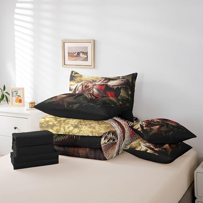 Erosebridal Dinosaur King Bedding Set - Fierce Animal Bed in A Bag,Forest Jungle Theme Comforter Sets with Sheets, Wild Animal Print 7 Pieces Bed Set Bedroom Decor - Image 7