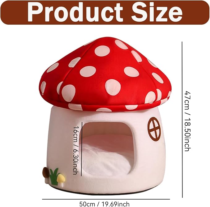 Mushroom Cow Cat Bed House for Indoor Cats & Small Dogs - Soft Cave-Style Pet Nest with Removable Washable Cushion, Plush Semi-Enclosed Cat Cave Tent, Red & White, Cozy Non-Slip Calming Bed - Image 6
