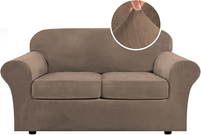 H.VERSAILTEX Real Velvet Plush 3 Piece Stretch Sofa Covers Couch Covers for 2 Cushion Couch Loveseat Covers Width Up to 72 Inch Feature Thick Soft Stay in Place (Medium Sofa, Mocha) by HVERSAILTEX