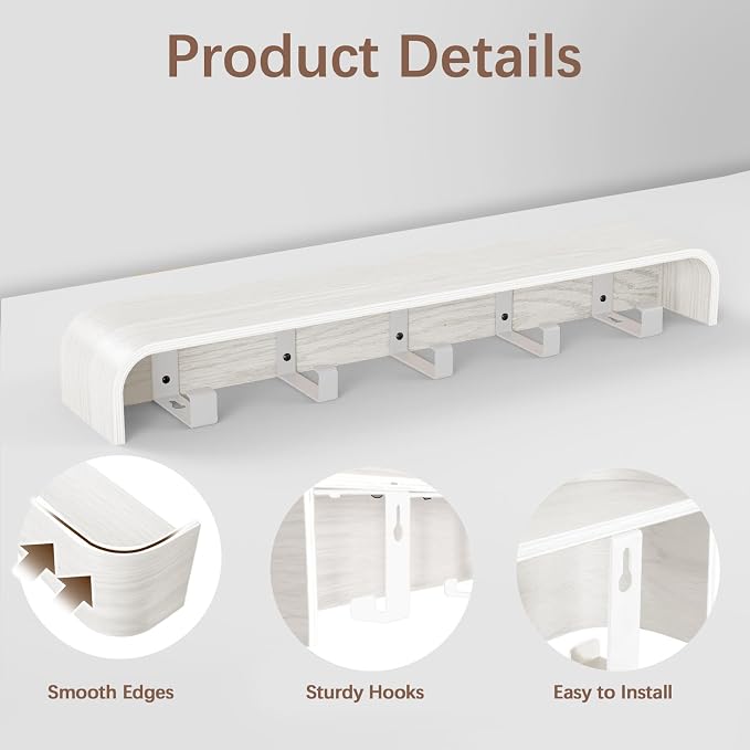 Coat Rack Wall Mount with Hidden Hooks, Wall Hooks with Shelf, Wall Key Holder Mount Wooden Shelf Entryway Hooks for Bedroom Bathroom for Hanging Coats Hats Bags Towels (White Wave-Shape, 5 Hooks) - Image 3