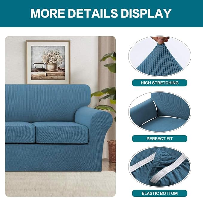 Turquoize 3 Piece Sofa Covers for 2 Cushion Couch Sofa Slipcover Soft Couch Cover for Dogs-Washable Sofa Furniture Covers with 2 Individual Cushion Covers, Thick Fabric (2 Cushion Sofa, Dusty Blue) - Image 4