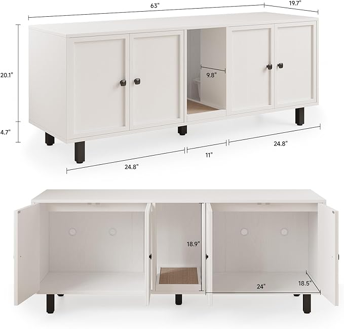 ONBRILL 63 Inches Cat Litter Box Enclosure for 2 Cats, Hidden Litter Boxes Furniture with Cat Scratch Pad, Large Indoor Pet House with Double Room, Wooden TV Stand Side Table, Off White - Image 2