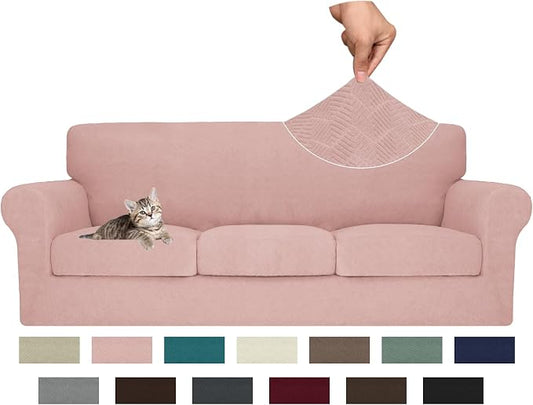 MAXIJIN 4 Piece Couch Covers for 3 Cushion Couch Sofa Covers, Stretch Couch Slipcovers for Sofas with 3 Cushions, Thick 3 Seat Furniture Protector for Dogs Pet (71"-91", Dusty Pink) by MAXIJIN