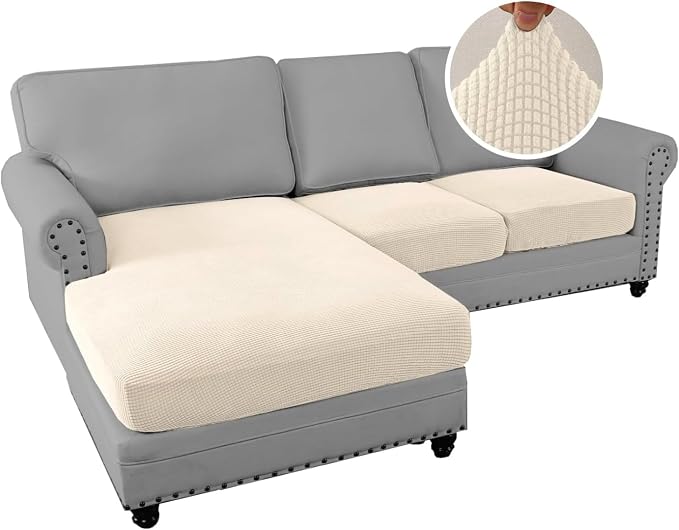 H.VERSAILTEX Sectional Couch Covers 3 Pieces Sofa Seat Cushion Covers L Shape Separate Cushion Couch Chaise Cover for Both Left/Right Sectional Couch (Seat Only: 1 Chaise + 2 Sofa, Cream) - Image 2