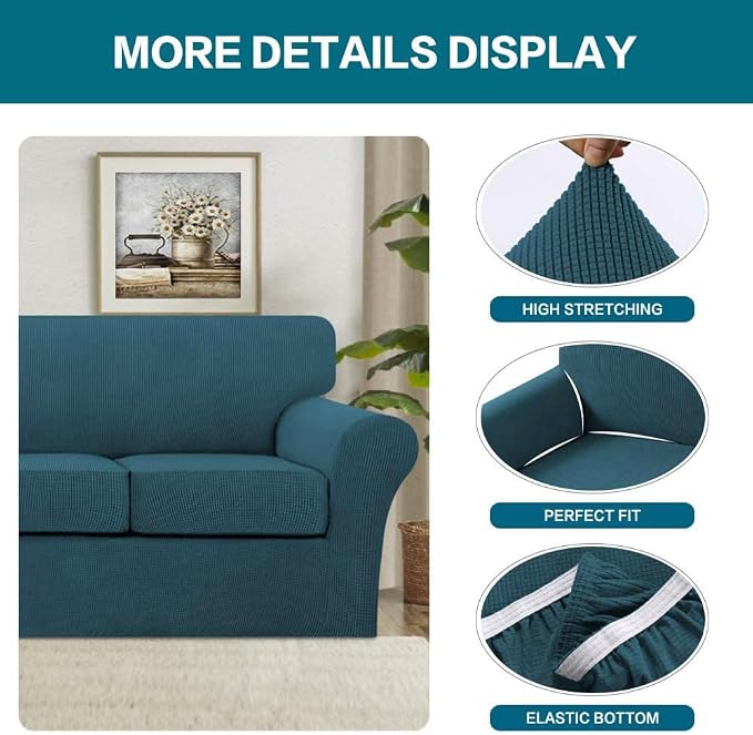 Turquoize 3 Piece Sofa Covers for 2 Cushion Couch Sofa Slipcover Soft Couch Cover for Dogs-Washable Sofa Furniture Covers with 2 Individual Cushion Covers, Feature Fabric (2 Cushion Sofa, Deep Teal) - Image 4