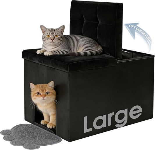 MEEXPAWS Cat Litter Box Enclosure Furniture Hidden Large, Lift Design Lid Velvet Cat Washroom Bench Storage Cabinet |25.6x 17.7 x 17.7 in|Dog Proof|Urine Proof Inside|Quick Assembly| Easy Clean(Black) by PETPRODUCTS