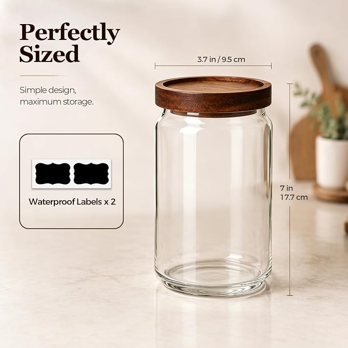 ComSaf Glass Jar with Acacia Wood Lid 34oz 1Pack, Food Storage Container | 1.1Qt Canister, Oats Coffee Sugar Pasta Candy Cookies Nut, Kitchen Pantry, Decorative, Countertop Display, Food-Grade, Label - Image 6