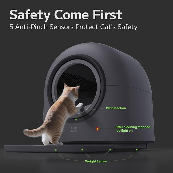 Self Cleaning Cat Litter Box Automatic HHOLOVE with 360 Safety Sensors, Odor Control, Real-Time Health & Weight Monitor, Ultra-Quiet, 60L Large Capacity for Multiple Cats, 2026 Ver. Midnight Grey - Image 6
