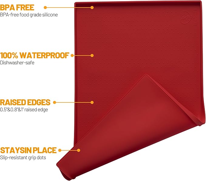 Hubulk Dog Feeding Mat,100% Waterproof Food Grade Silicone Pet Food and Water Bowl Placemat,Dishwasher, High Raised Edge to Prevent Spills,Nonslip Tray to Stop Messes on Floor (24"x16"x0.5", Red) - Image 2