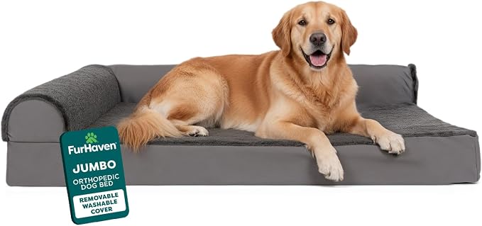 FurHaven Orthopedic Dog Bed for Large Dogs, L-Shaped Chaise Mattress with Orthopedic Egg Crate & Solid Orthopedic Foam Base for Joint Support, Washable Cover, Jumbo XL, Plush & Velvet, Platinum Gray by FurHaven