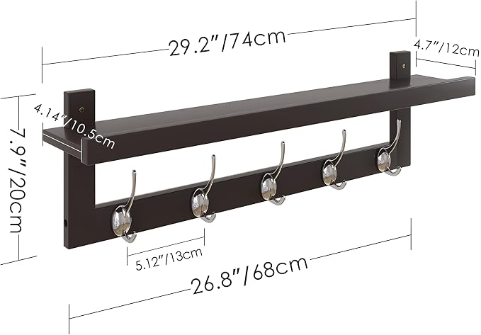 SMIBUY Coat Hooks with Shelf Wall-Mounted, 29.2 Inch Entryway Coat Rack for Wall, Bamboo Hanging Shelf with 5 Double Metal Hooks for Bathroom, Bedroom, Kitchen, Living Room, Mudroom (Dark Brown) - Image 2