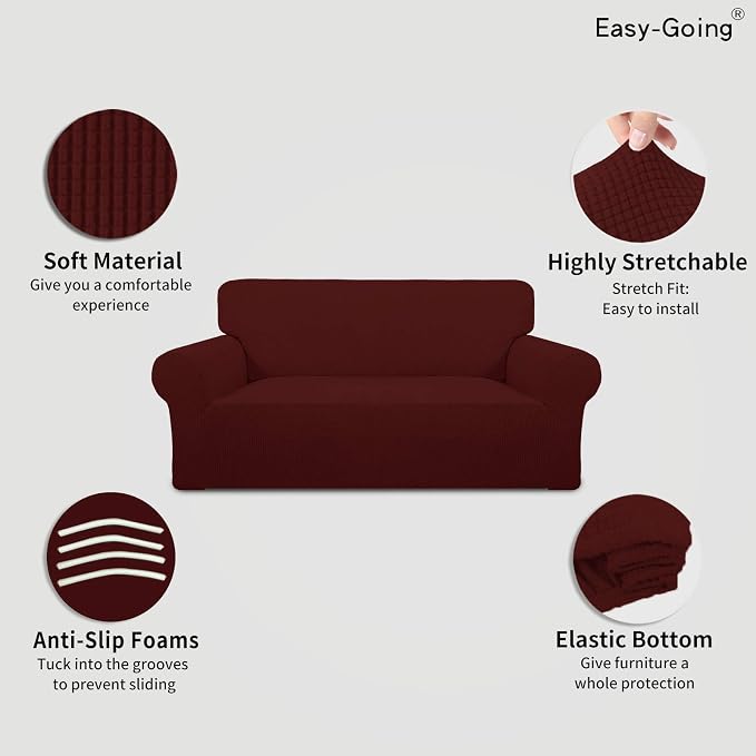 Easy-Going Stretch Oversized Loveseat Slipcover 1-Piece Sofa Cover Furniture Protector Couch Soft with Elastic Bottom for Kids Polyester Spandex Jacquard Fabric Small Checks Wine | 1-Piece Large Loveseat Cover for 2 Cushion Couch Furniture Protector RV... - Image 3