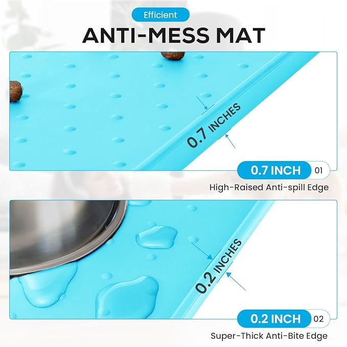 Large Silicone Pet Feeding Mat - 29' x 16.6' Waterproof Dog/Cat Bowl Mat - Residue Collection Pocket - High Edges, Light Blue - Image 4