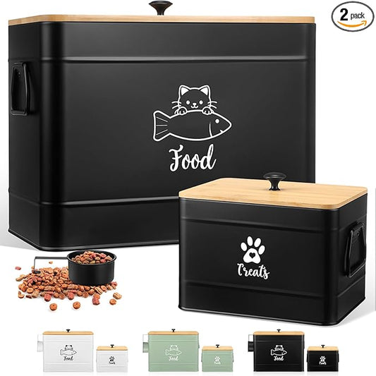 Reallnaive 2 Pcs Large Metal Cat Food Storage Containers 12+3.5 Lbs Decorative Pet Treat Snack Jars Airtight Bamboo Lids & Dry Food Scoop for Farmhouse Kitchen Counter Decor, Pet Owner Gifts(Black) by Unknown