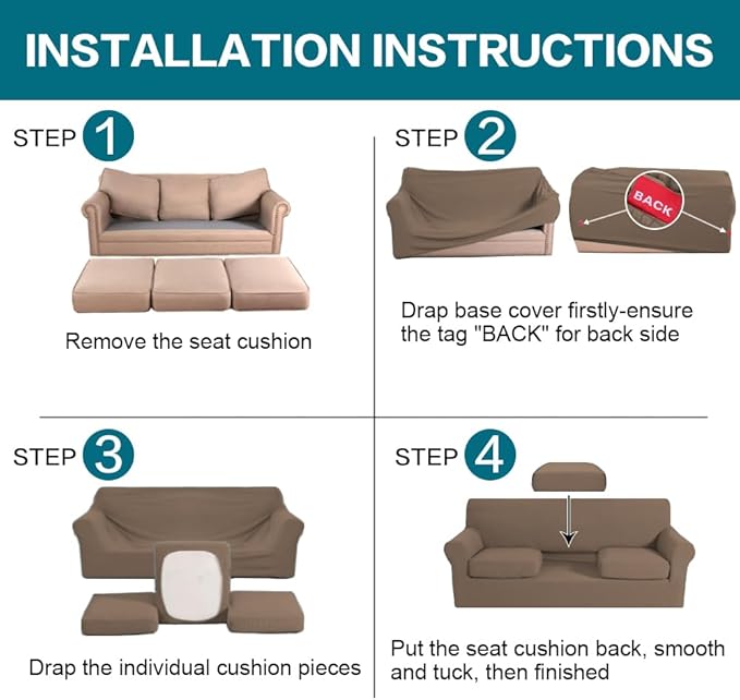 Turquoize 3 Piece Sofa Covers for 2 Cushion Couch Sofa Slipcover Soft Couch Cover for Dogs-Washable Sofa Furniture Cover with 2 Individual Cushion Covers, Feature Fabric (2 Cushion Sofa, Olive) - Image 6
