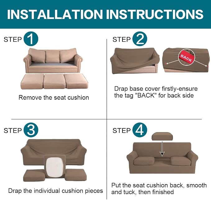 Turquoize 4 Piece Sofa Covers for 3 Cushion Couch Sofa Slipcover Soft Couch Cover for Dogs Washable Furniture Cover with 3 Individual Large Cushion Covers Feature Fabric (Large Sofa, Macchiato) - Image 6