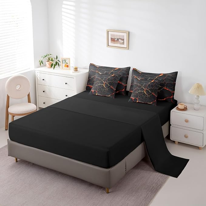 Erosebridal Lightning Comforter Sets with Sheets - Black Marble Print Bedding Set Queen for Boys Girls Orange Lava Theme 7Pcs Bed in A Bag Modern Abstract Bed Set - Image 4
