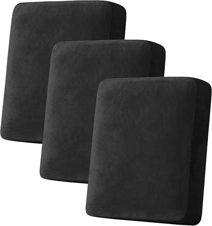 H.VERSAILTEX Velvet Stretch Couch Cushion Cover Plush Cushion Slipcover for Chair Loveseat Sofa Cushion Furniture Protector Seat Cushion Sofa Cover (3 Piece Sofa Cushion Covers, Black) by HVERSAILTEX