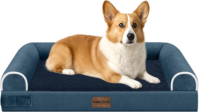NANUYA Orthopedic Dog Bed for Medium Dogs, 30 x 20 Inch, Navy Blue | Egg crate foam for joint support, 3-sided bolster pet sofa, waterproof lining, washable cover, and non-skid base by Nanuya