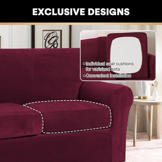 PrinceDeco Velvet XL Couch Cover for Oversized Sofa 4 Piece Sofa Covers for 3 Cushion Couch Washable Furniture Protector with Non Slip Elastic Bottom Width Up to 105 Inch(X-Large, Burgundy) - Image 5