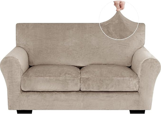 XINEAGE 3-Piece Velvet Loveseat Sofa Cover, Couch Covers for Dog,Khaki | 2 Cushion Loveseat,Stretch Non-slip Elastic, Pet-friendly, Washable, Fast Setup, Soft Plush Fabric, Furniture Protector. by XINEAGE