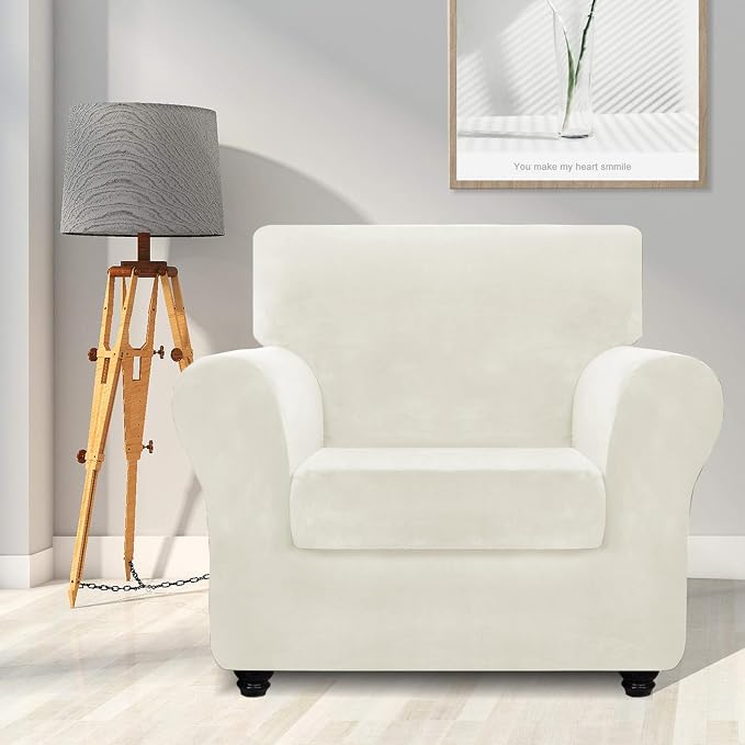 ZNSAYOTX Luxury Velvet Chair Slipcovers with Arm 2 Piece Stretch Chair Covers for Living Room Thick Soft Armchair Slipcover Anti Slip Pet Friendly Furniture Protector (Beige),30"-47"(1 Cushion) - Image 2