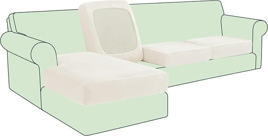 CHUN YI Velvet Couch Cushion Covers, 4 PC Water Resistant Sectional Couch Covers for L Shape Sofa, Individual Seat Cushion Protector for Pets (3 Seater + 1 Chaise, Ivory White) by CHUNYI