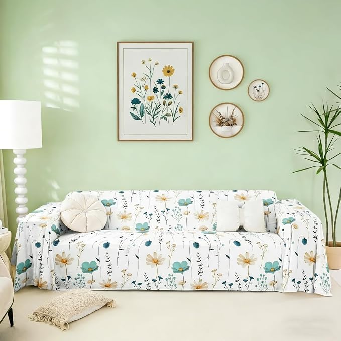 Erosebridal Watercolor Floral Couch Cover Teal Beige Flower Sofa Cover 71" X 102" Modern Minimalist White Couch Protector for Sectional Sofasrustic Farmhouse Washable Non Slip Sofa Protector by Erosebridal