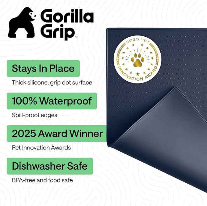 GORILLA GRIP 100% Waterproof Raised Edge BPA Free Silicone Pet Feeding Mat, Dog Cat Food Mats Contain Spills Protects Floors, Placemats for Cats and Dogs Water Bowl, Pets Accessories 26x17 Navy - Image 2