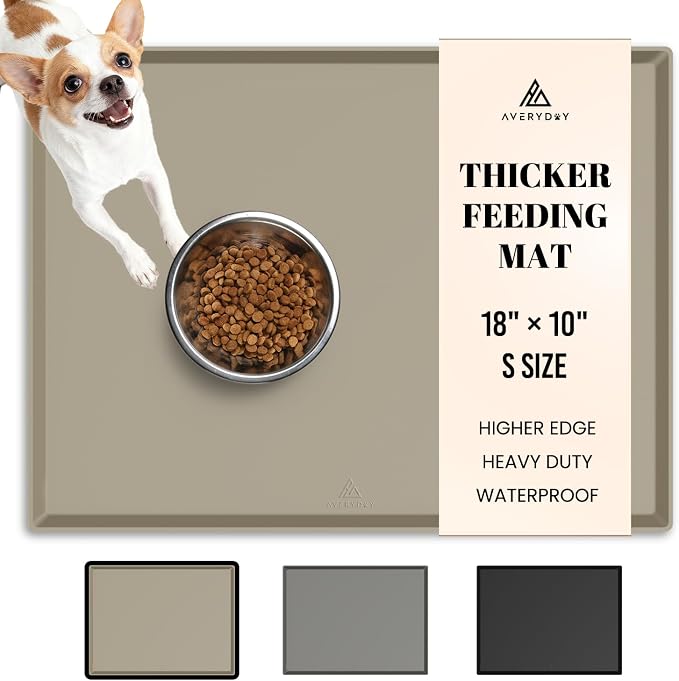 AVERYDAY 100% Waterproof Thicker Silicone Dog Food Mat, 0.63'' Raised Edge Bowl Mat for Food & Water, Non Slip Pet Feeding Placemat for Messy Drinkers, Perfect for Large Medium Small Breeds, 18"x10" by YourAveryDay