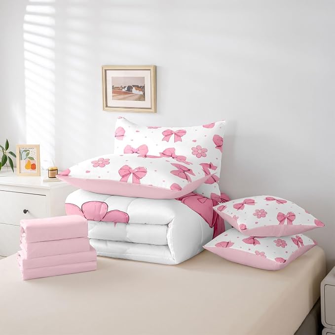 Erosebridal Pink Bows Full 7 Piece Comforter Set for Girls Bedroom Bowknot Bedding Set Bed in A Bag Dreamy Coquette Bow Bed Set Girly Ribbon Heart Flowers Quilt Comforter with Sheets - Image 6