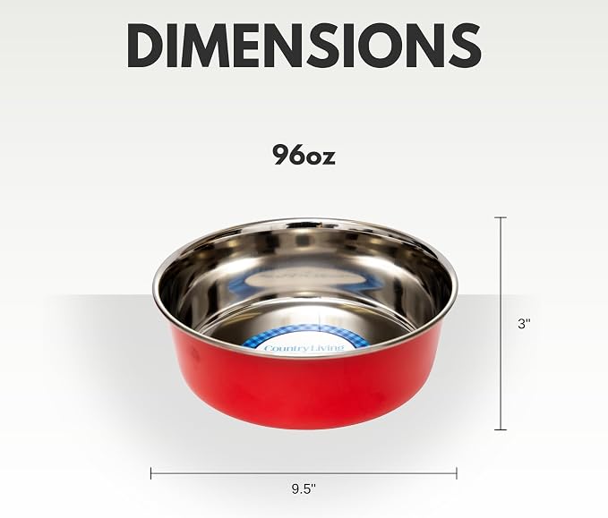 Country Living Set of 2 Heavy Gauge Stainless Steel Dog Bowls - Non-Skid, Durable & Rust-Resistant - Perfect for Food & Water - Vibrant Red, 96 oz Capacity - Image 3
