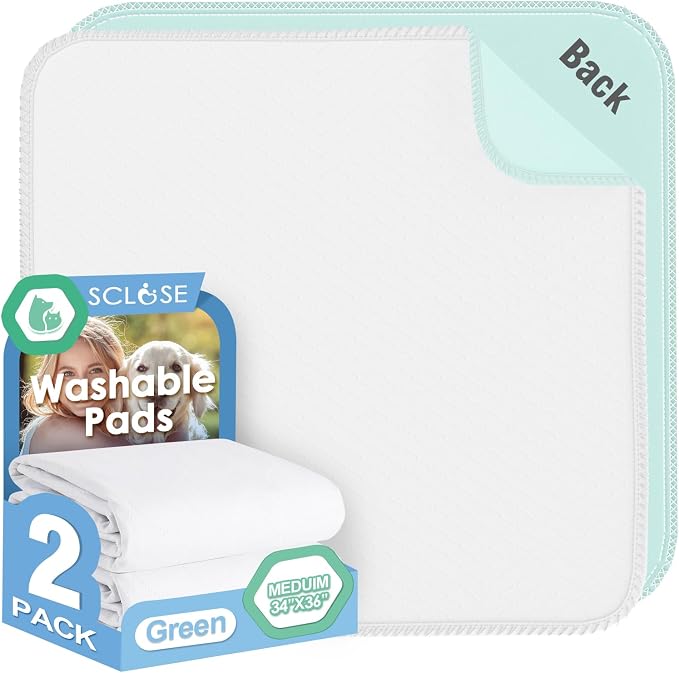 SCLOSE Washable Pee Pads for Dogs 2 Pack, 34" x 36" Waterproof Incontinence Bed Pads for Adults, Elderly and Kids, Nursing Pads, Chucks Pads, Super Asorbent Dog Training Pads, White & Green by SCLOSE