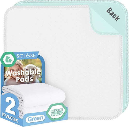 SCLOSE Washable Pee Pads for Dogs 2 Pack, 34" x 36" Waterproof Incontinence Bed Pads for Adults, Elderly and Kids, Nursing Pads, Chucks Pads, Super Asorbent Dog Training Pads, White & Green by SCLOSE