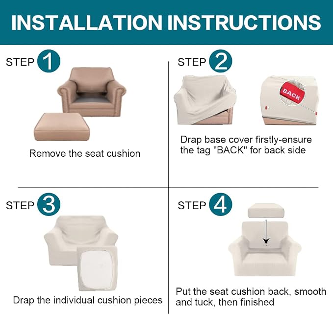 Turquoize 2 Piece Chair Covers for Living Room Armchair Couch Cover with Individual Cushion Covers Furniture Cover for Chairs Feature Jacquard Fabric (Chair, Ivory) - Image 7