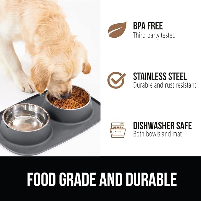 GORILLA GRIP Dog Bowl Set with Slip Resistant Silicone Feeding Mat, 3 Cup, Food Grade 304 Stainless Steel Bowls, BPA Free, High Edge Spill Containment, Dishwasher Safe, Finger Notch Removal, Gray - Image 5