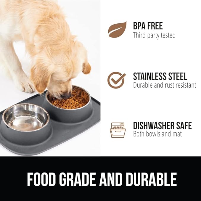 GORILLA GRIP Dog Bowl Set with Slip Resistant Silicone Feeding Mat, 4 Cup, Food Grade 304 Stainless Steel Bowls, BPA Free, High Edge Spill Containment, Dishwasher Safe, Finger Notch Removal, Gray - Image 5
