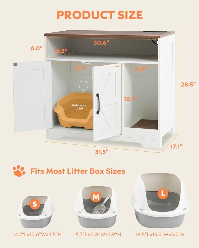 Cat Litter Box Enclosure, Hidden Litter Box Furniture with Charging Station, Cat Cabinet with Scratch Pad & 2-Tier Storage, Farmhouse Indoor Cat House Living Room End Table Hallway, White - Image 3