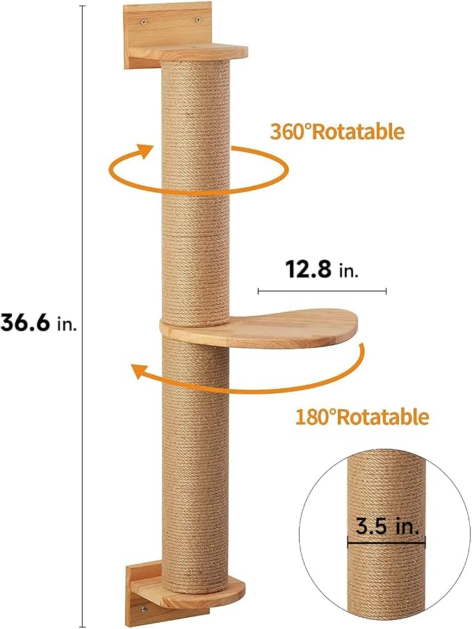 FUKUMARU Cat Activity Tree with Scratching Posts, Wall Mounted Jute Scratcher Pine Hammock | Solid Rubber Wood, Natural Jute Scratcher, Kitten Wall Furniture - Image 4