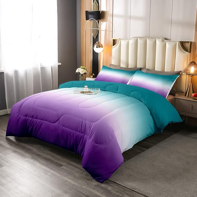 Erosebridal Ombre Comforter Set Green Purple Teal Bedding Set Full Size Colorful Gradient Down Comforter Modern Abstract Quilt Duvet Insert Soft Warm Lightweight 1Comforter with 2 Pillow Cases by Erosebridal