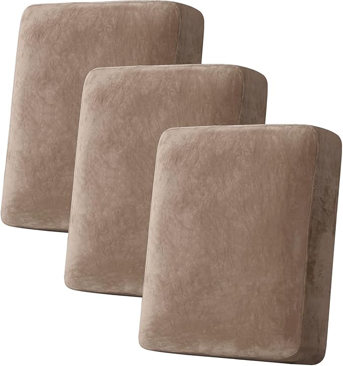 H.VERSAILTEX Velvet Stretch Couch Cushion Cover Plush Cushion Slipcover for Chair Loveseat Sofa Cushion Furniture Protector Seat Cushion Sofa Cover (3 Piece Sofa Cushion Covers, Camel) by HVERSAILTEX