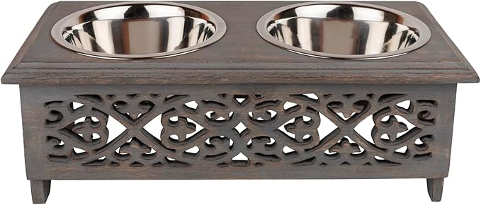GoCraft Raised Dog Bowls for Small Dogs | Elegant Farmhouse Grey Washed Elevated Wooden Stand Feeder with 2 Stainless Steel Bowls for Your Pet Food & Water by GoCraft