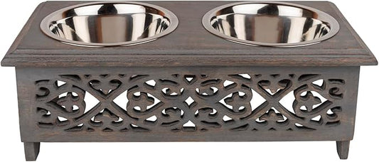 GoCraft Raised Dog Bowls for Small Dogs | Elegant Farmhouse Grey Washed Elevated Wooden Stand Feeder with 2 Stainless Steel Bowls for Your Pet Food & Water by GoCraft